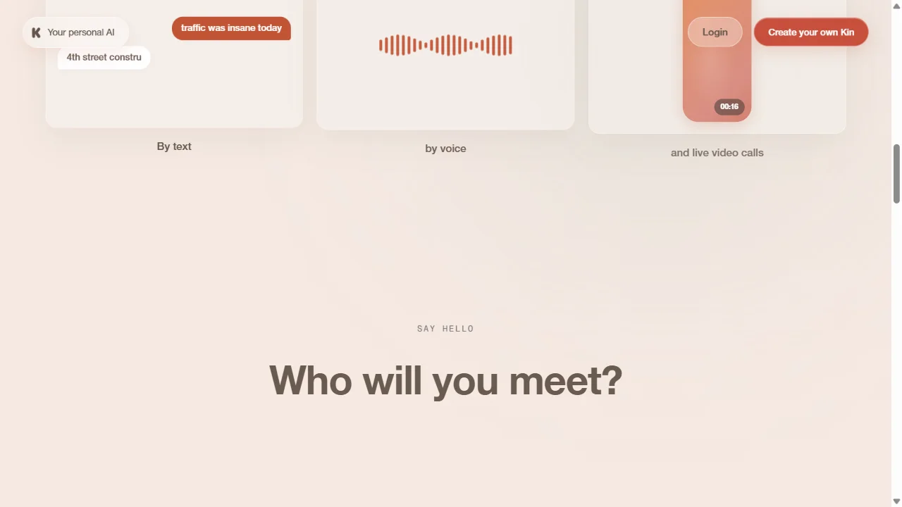 Kindroid chat interface with text, voice, and live video call options