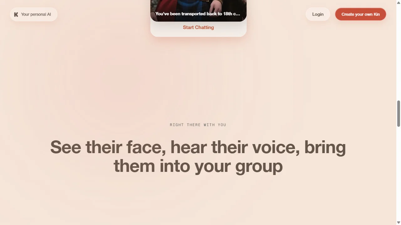 Kindroid group feature showing face, voice, and group chat capabilities