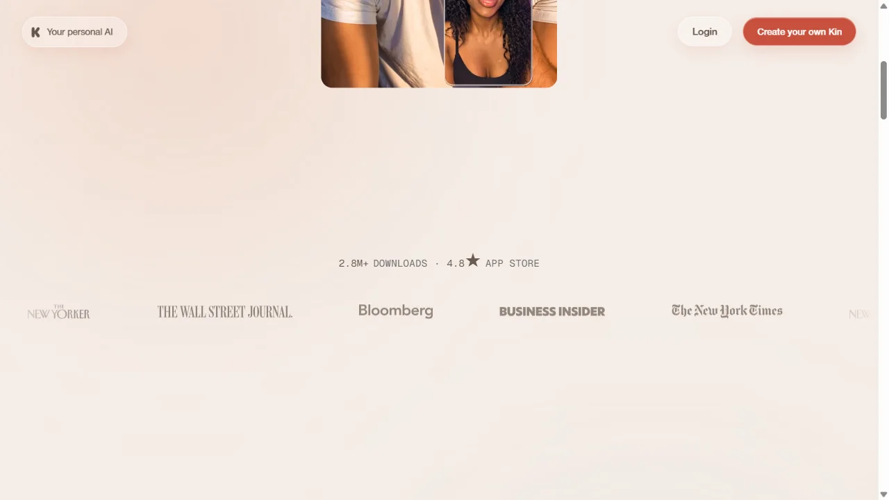 Kindroid social proof with 2.8M downloads and press mentions